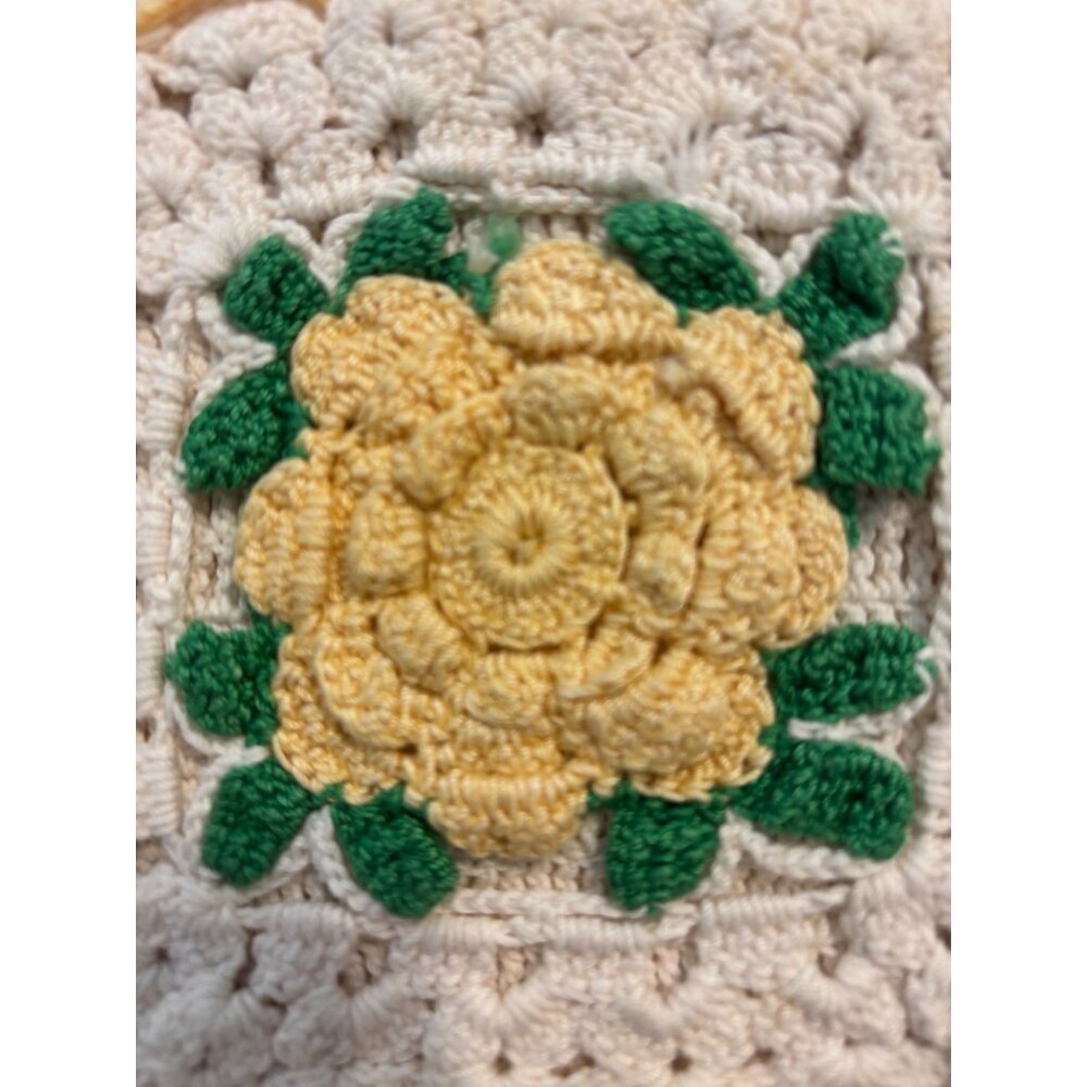 Handmade Crochet Yellow Rose & Leaf Square Doily